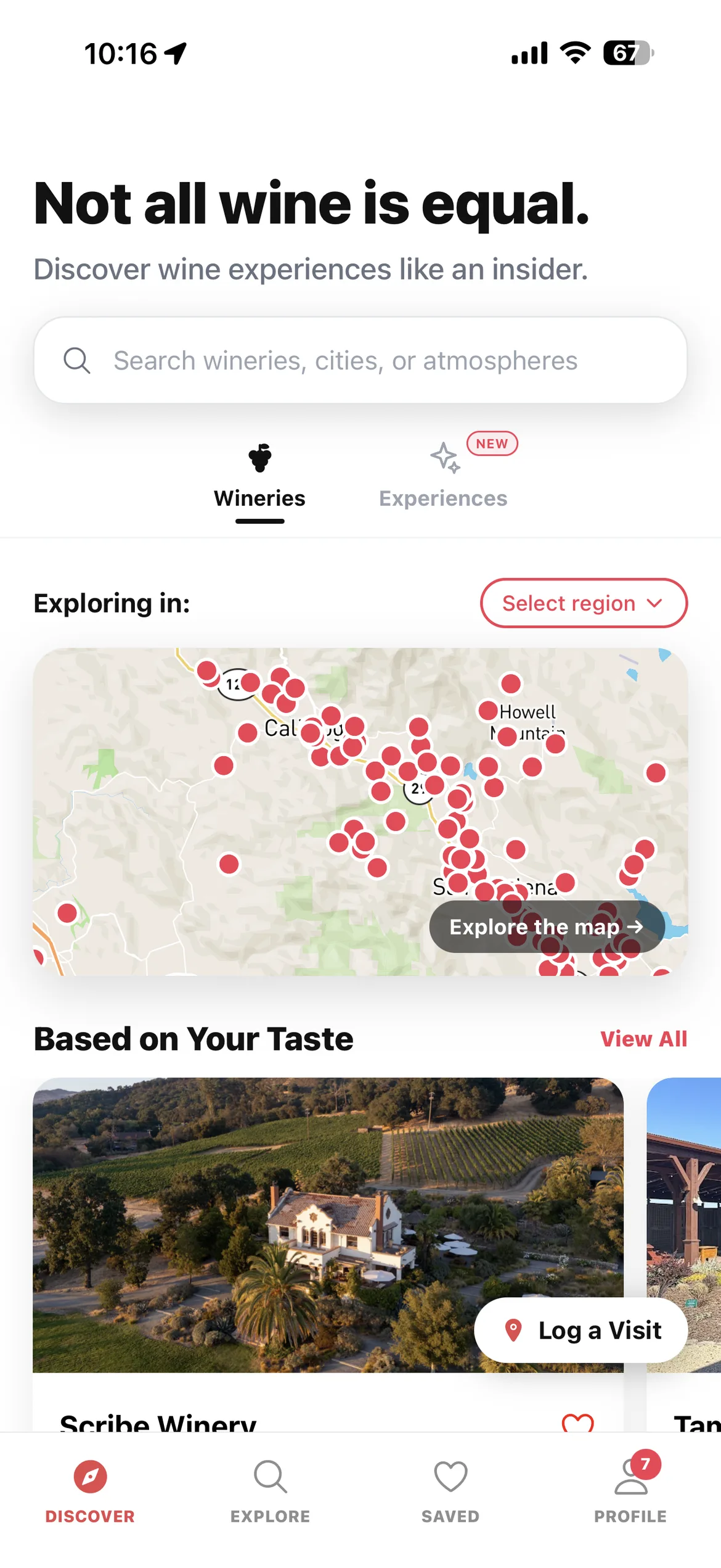 The Discover tab in the Oxto app with wineries based on the guest taste