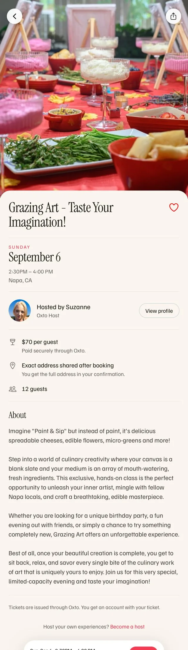 A host experience page in the Oxto app: date, price per guest and the number of guests