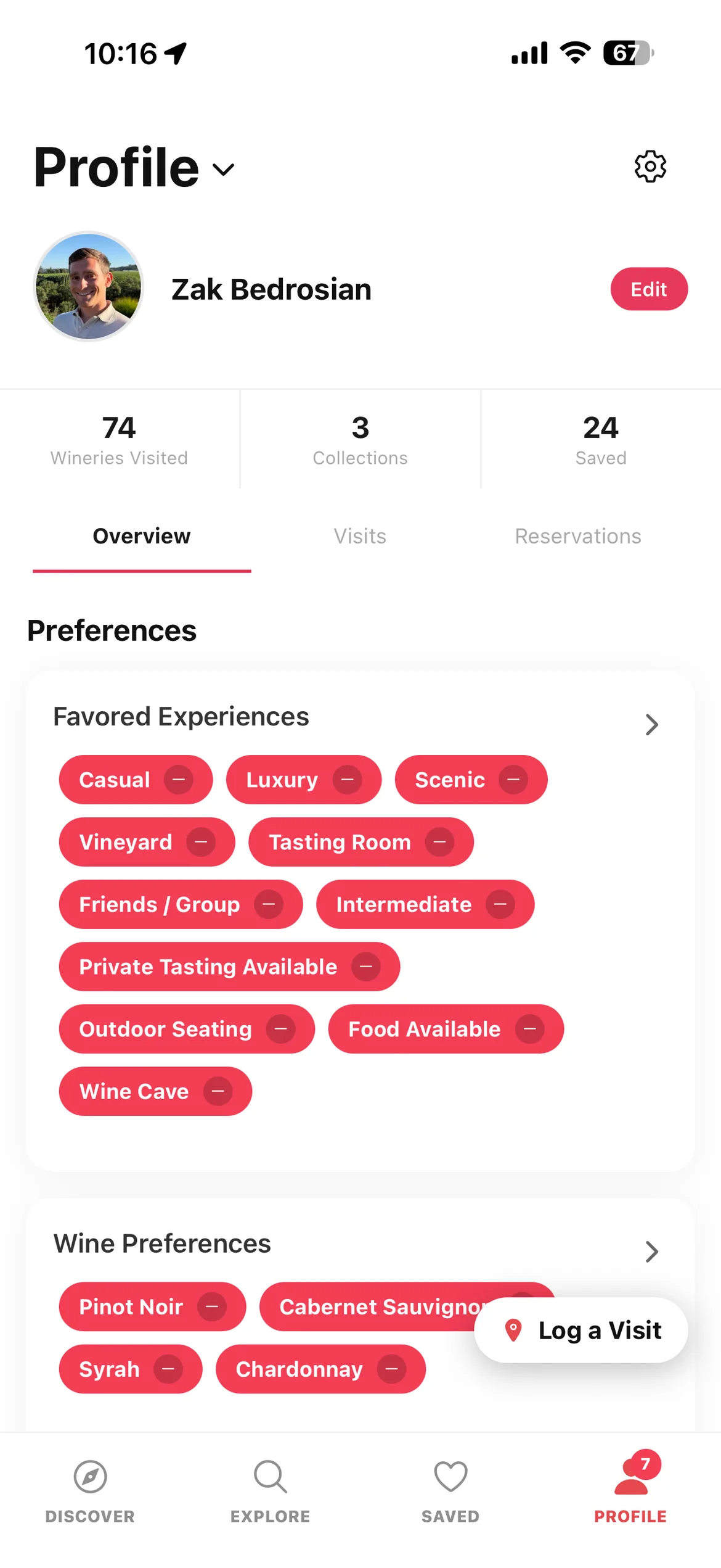 A guest taste profile in the Oxto app: favored experiences and wine preferences