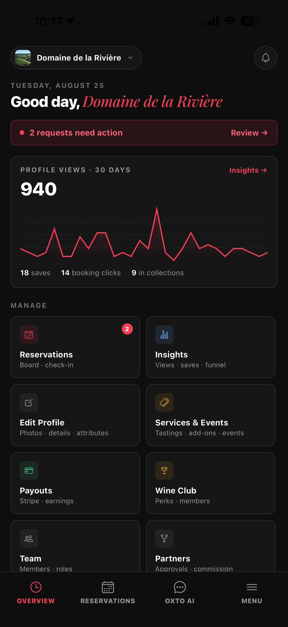 The Studio dashboard in the Oxto app: requests, profile views, reservations and payouts