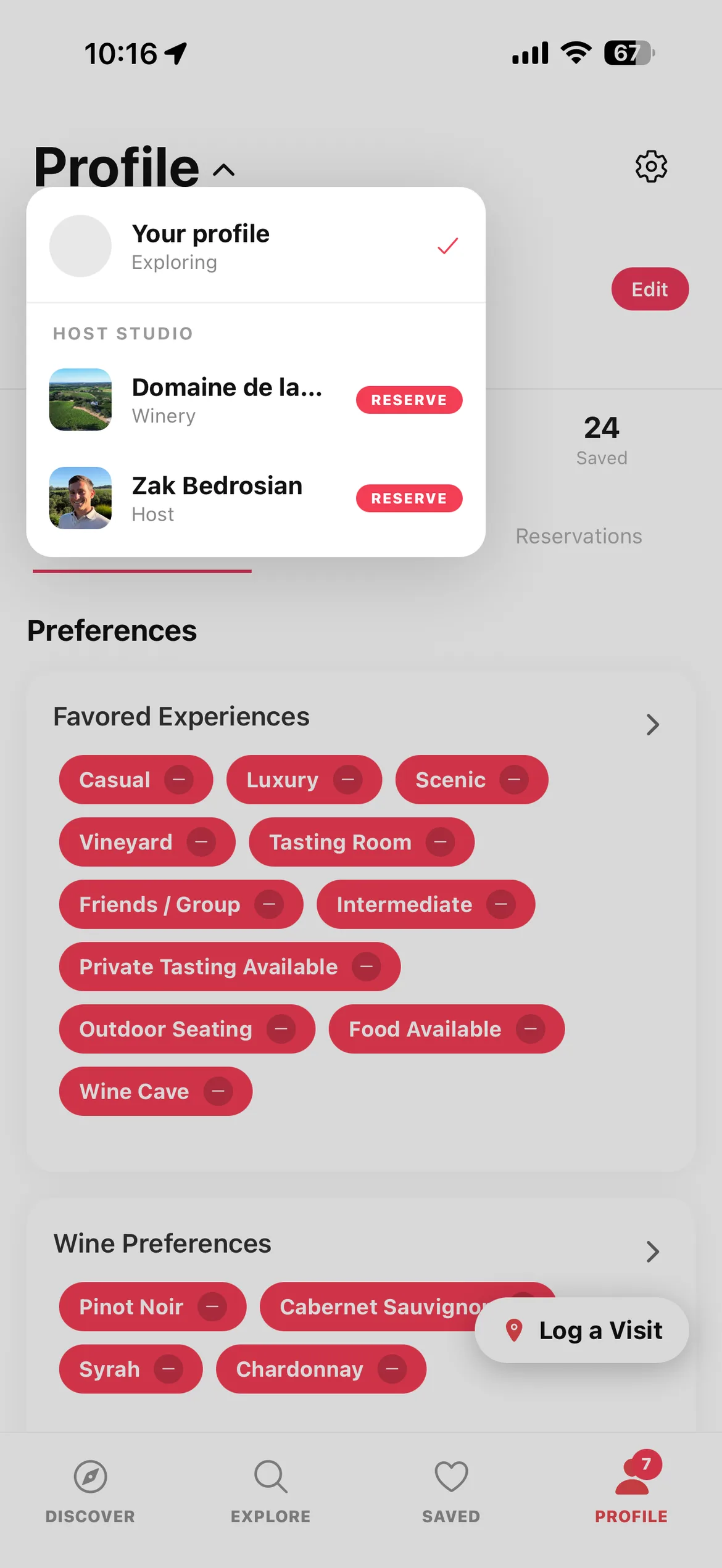 The Oxto app account switcher, with a host Studio on Reserve