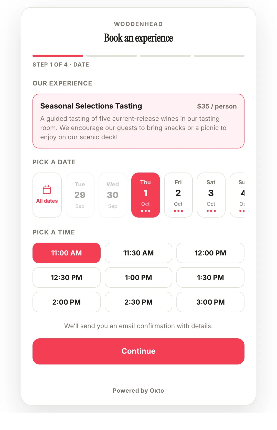 Woodenhead's booking widget: pick a date and a listed time.