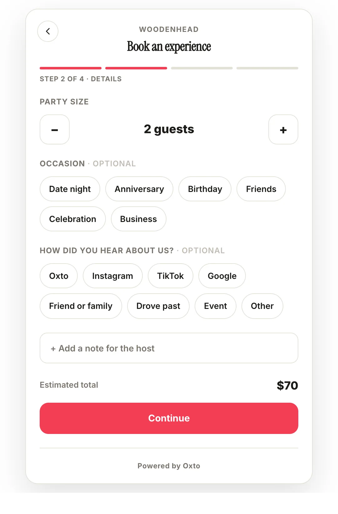 Step 2 of the widget: party size, occasion and a note for the host.
