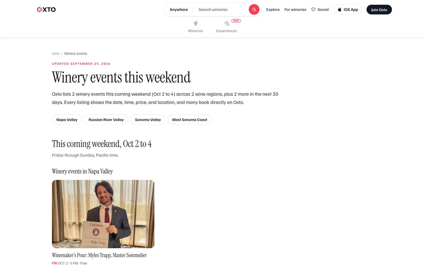 Winery events on Oxto