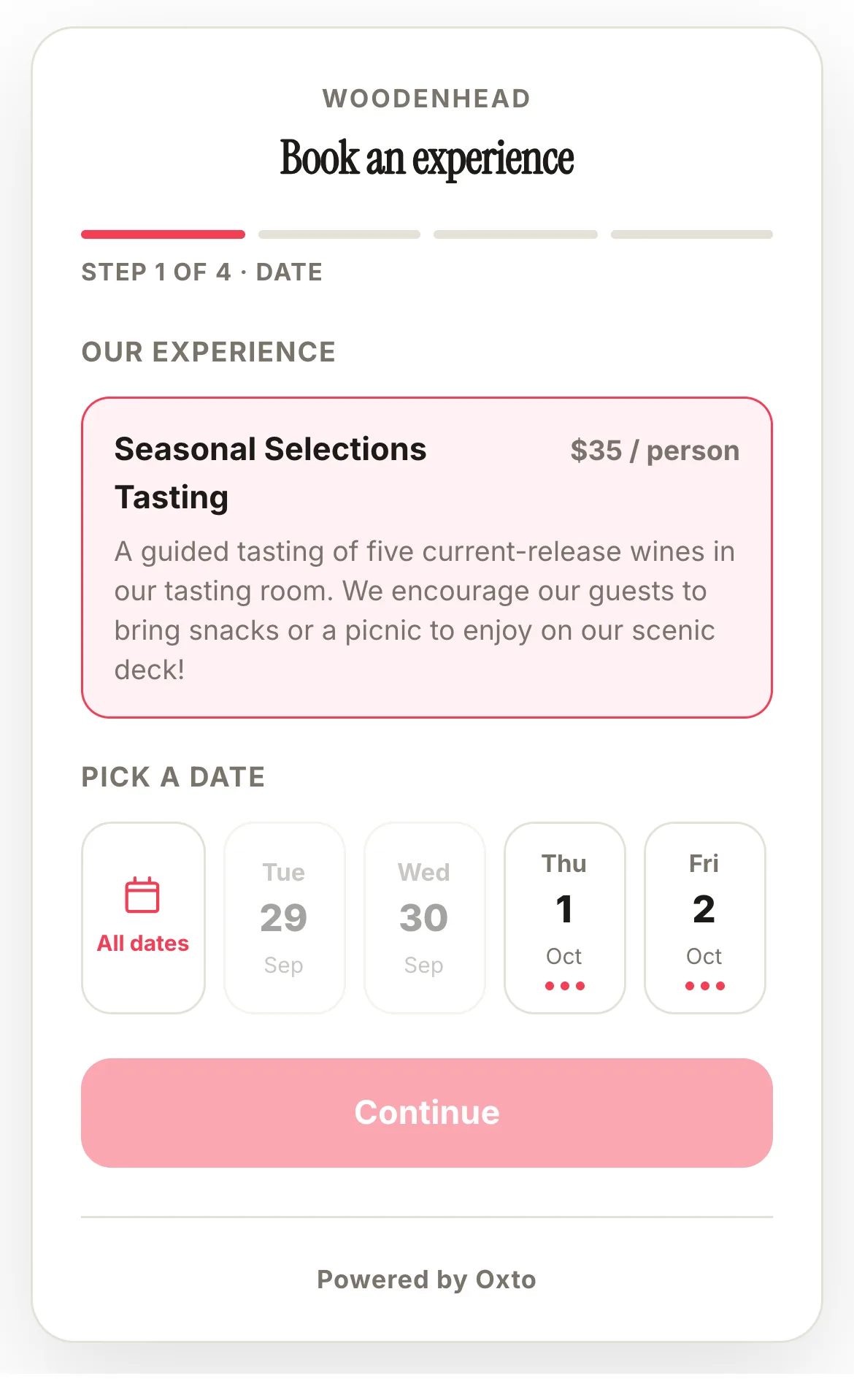 The widget on a phone: the experience, the price and the next open dates.