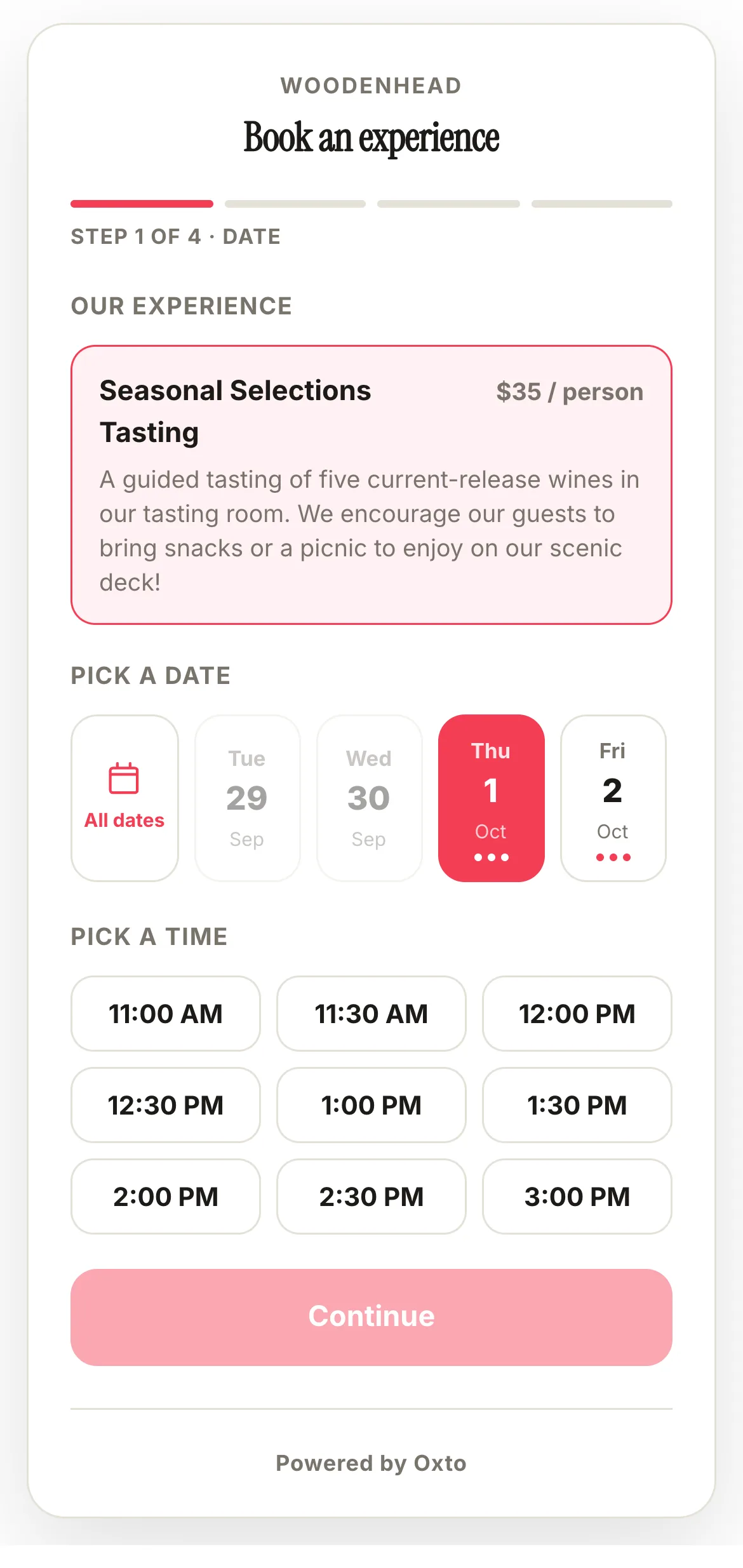 The booking widget on a winery website, step 1: pick a date