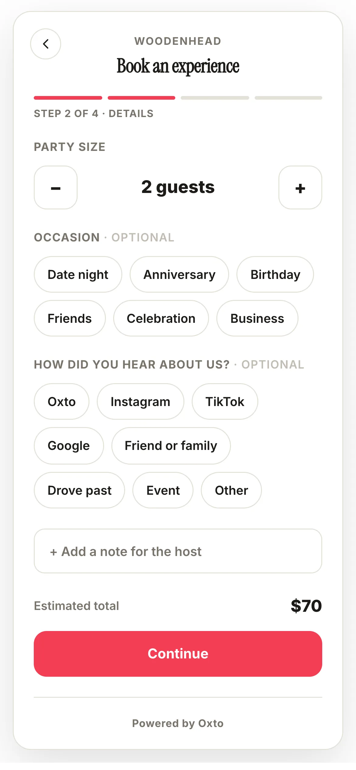 The booking widget, step 2: party size and occasion