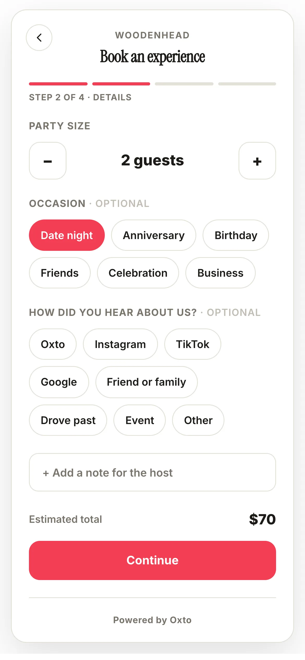 The details step of the booking widget: two guests, date night, a note for the host.