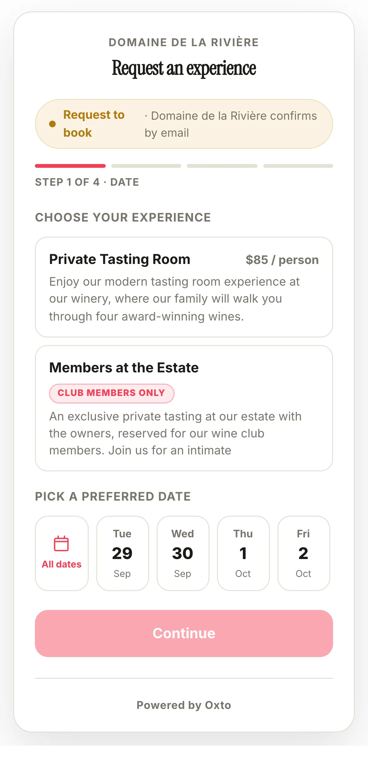 Domaine de la Riviere keeps one experience for club members. Members are matched by email when they book it.