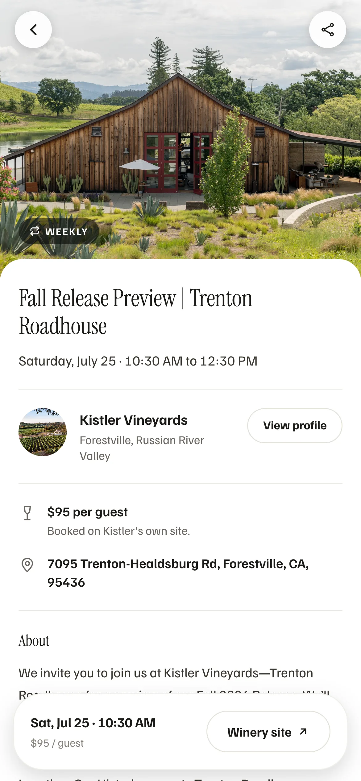 A weekly Fall Release Preview event at Kistler Vineyards on Oxto