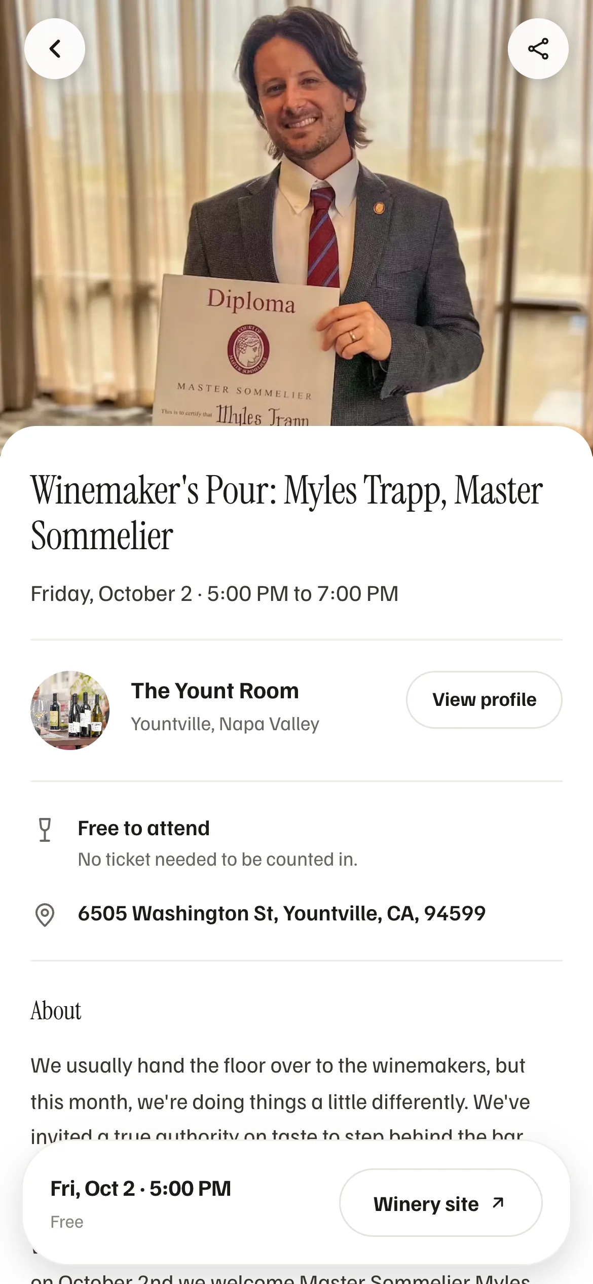 A free winemaker event at the Yount Room on Oxto