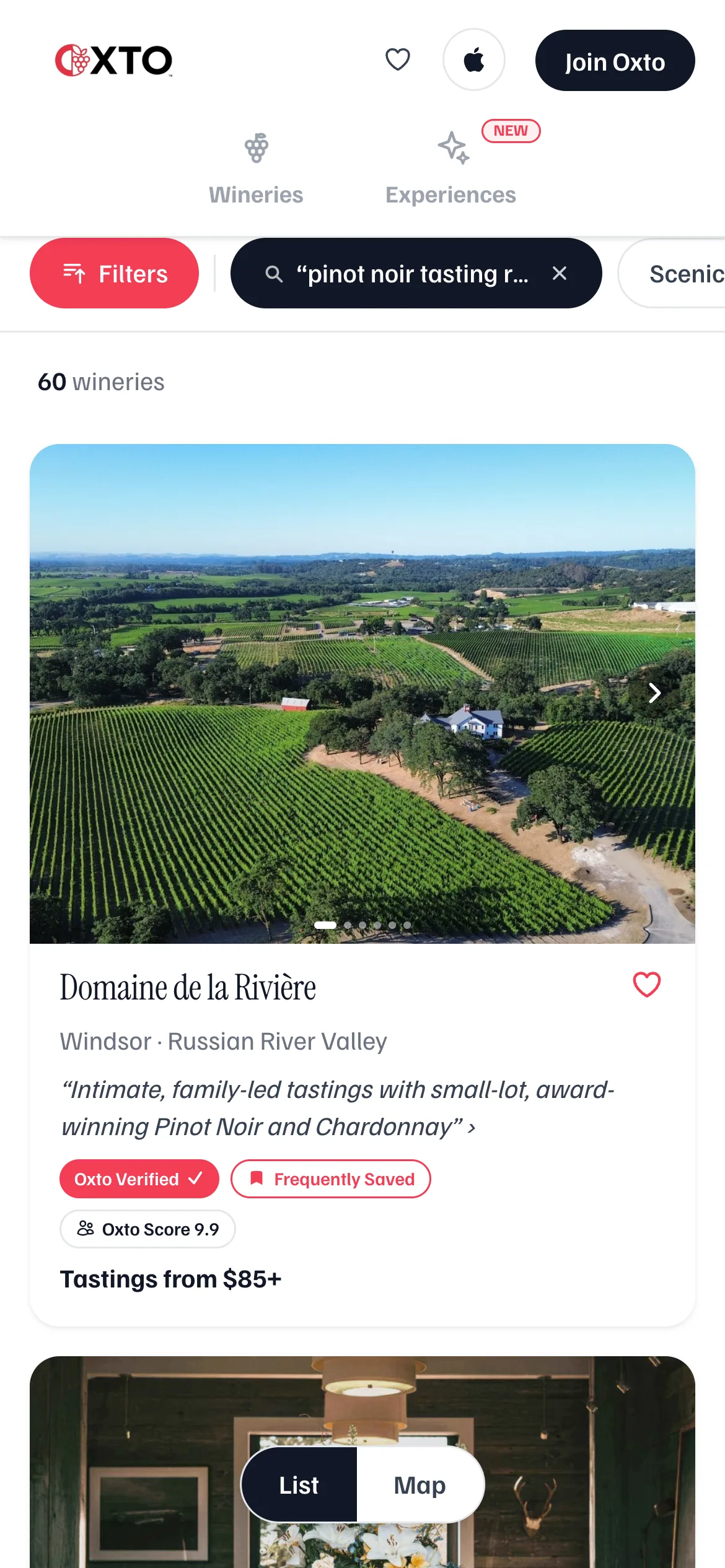 Oxto search results for a Pinot Noir tasting in the Russian River Valley, with a Verified winery first