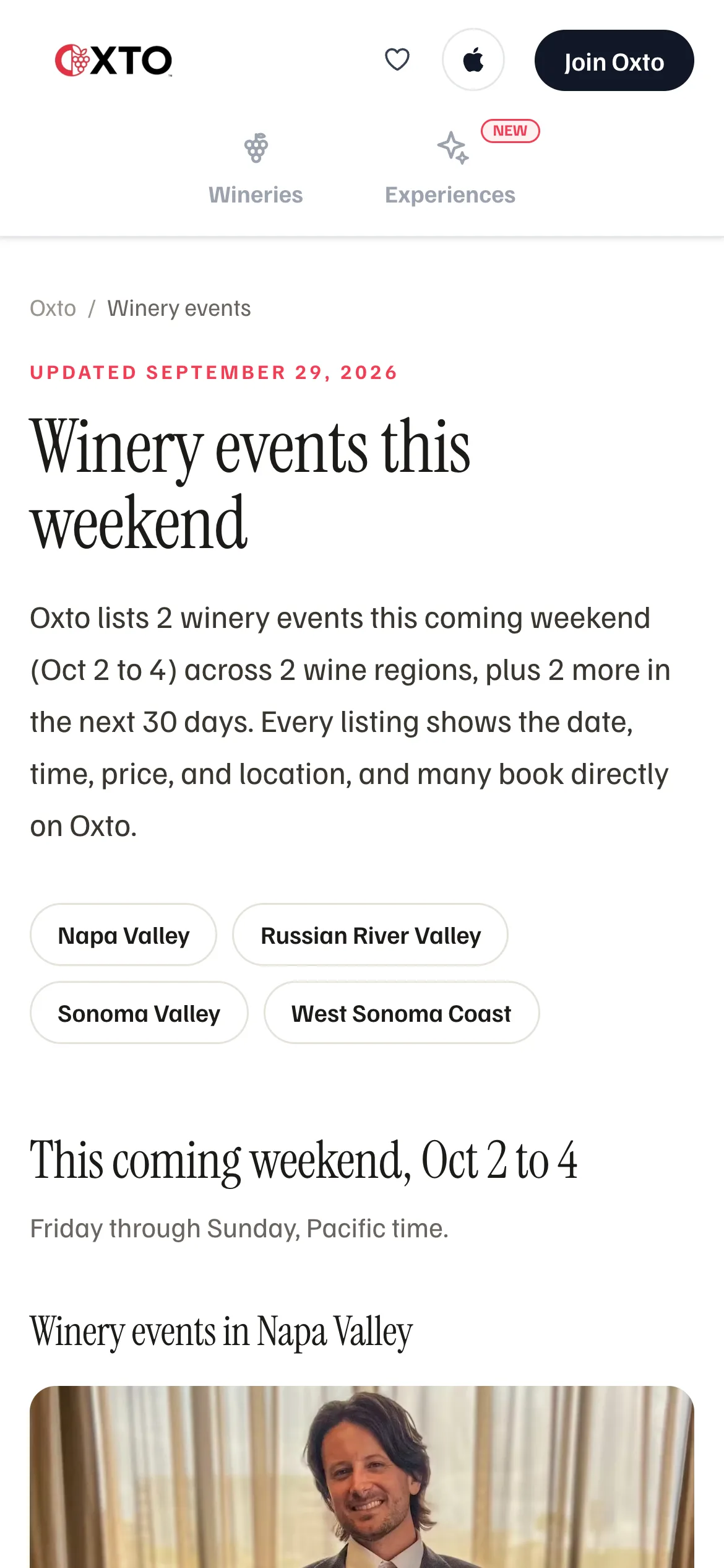 The winery events this weekend page on Oxto